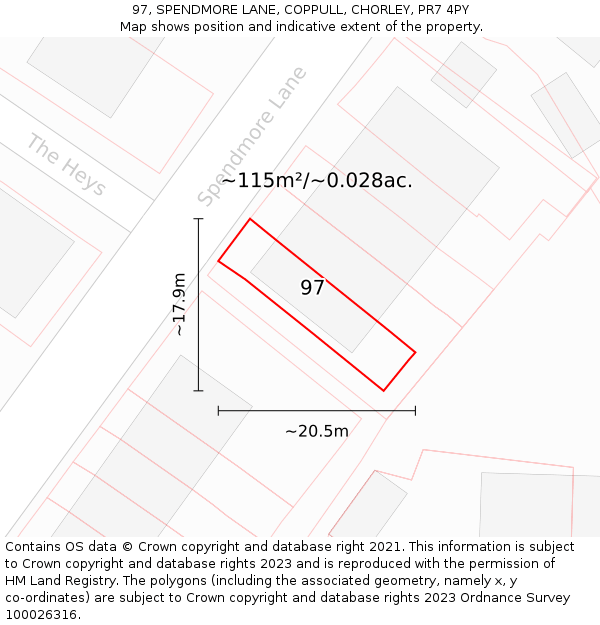 97, SPENDMORE LANE, COPPULL, CHORLEY, PR7 4PY: Plot and title map