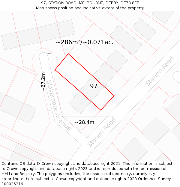 97, STATION ROAD, MELBOURNE, DERBY, DE73 8EB: Plot and title map
