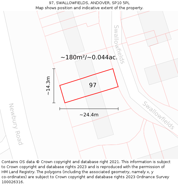 97, SWALLOWFIELDS, ANDOVER, SP10 5PL: Plot and title map