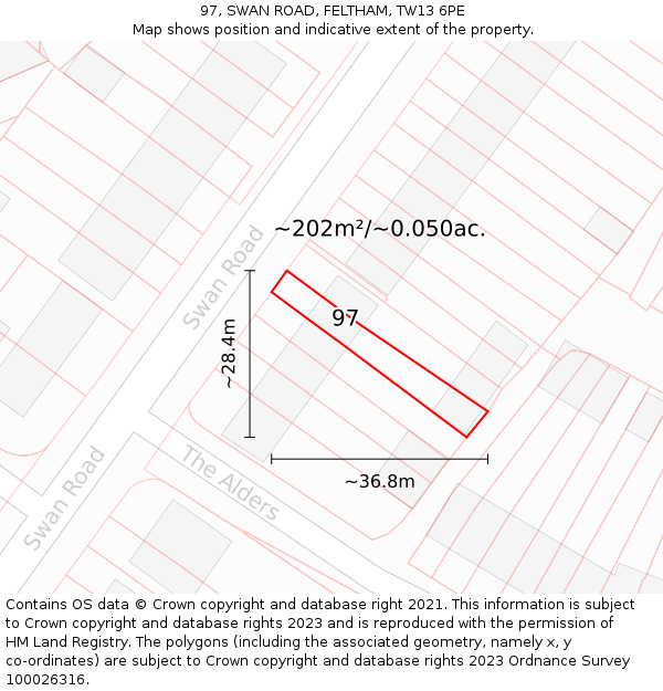 97, SWAN ROAD, FELTHAM, TW13 6PE: Plot and title map