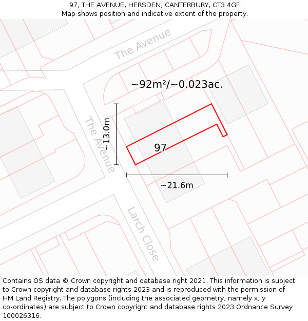 97, THE AVENUE, HERSDEN, CANTERBURY, CT3 4GF: Plot and title map
