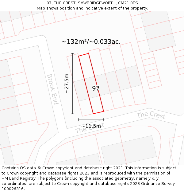 97, THE CREST, SAWBRIDGEWORTH, CM21 0ES: Plot and title map