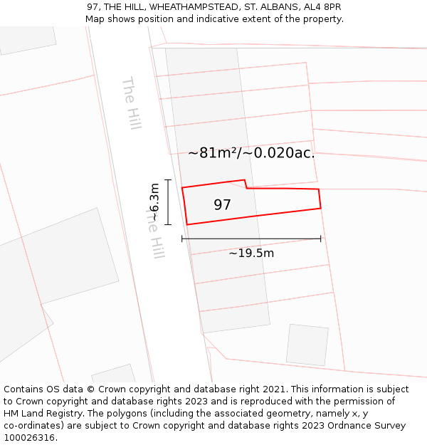 97, THE HILL, WHEATHAMPSTEAD, ST. ALBANS, AL4 8PR: Plot and title map