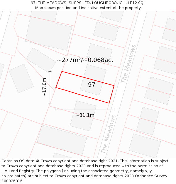 97, THE MEADOWS, SHEPSHED, LOUGHBOROUGH, LE12 9QL: Plot and title map