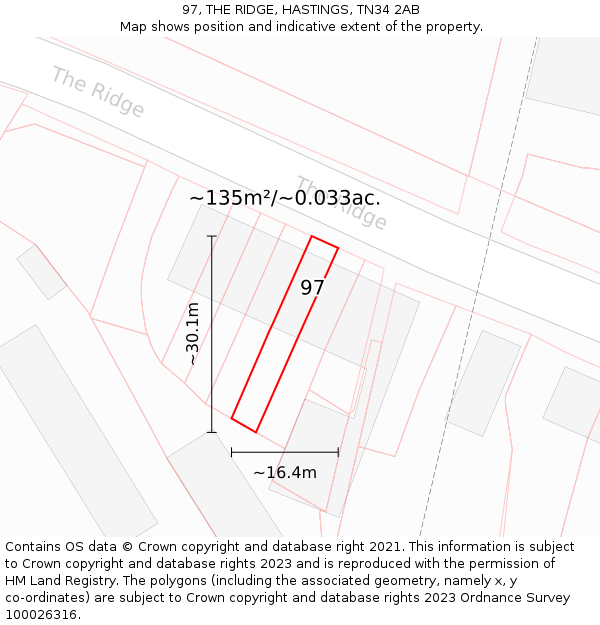 97, THE RIDGE, HASTINGS, TN34 2AB: Plot and title map