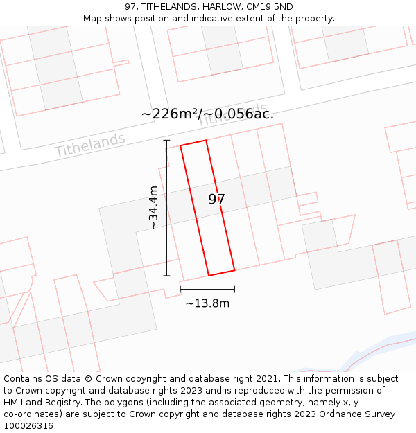 97, TITHELANDS, HARLOW, CM19 5ND: Plot and title map