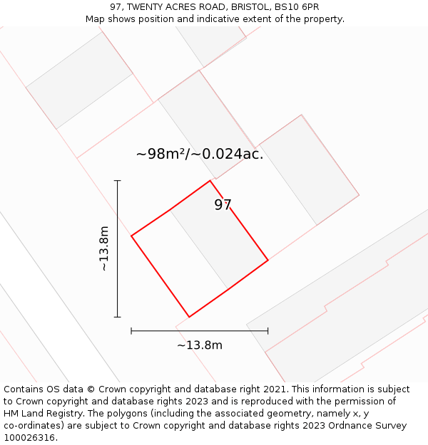 97, TWENTY ACRES ROAD, BRISTOL, BS10 6PR: Plot and title map