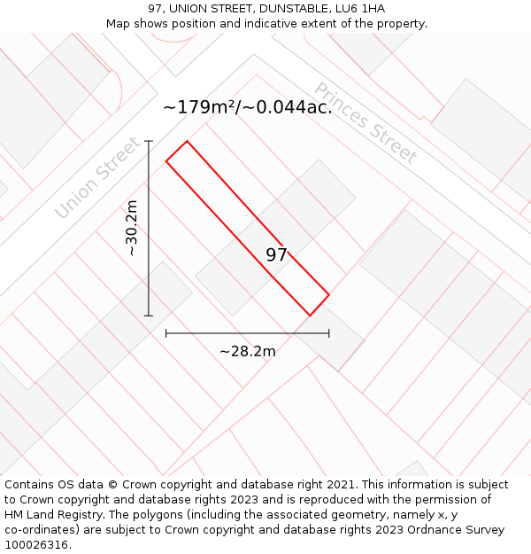 97, UNION STREET, DUNSTABLE, LU6 1HA: Plot and title map