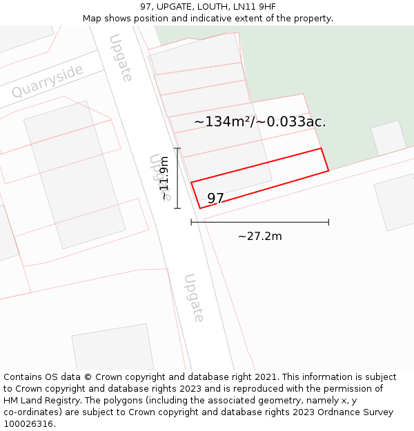 97, UPGATE, LOUTH, LN11 9HF: Plot and title map