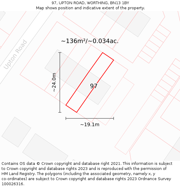 97, UPTON ROAD, WORTHING, BN13 1BY: Plot and title map