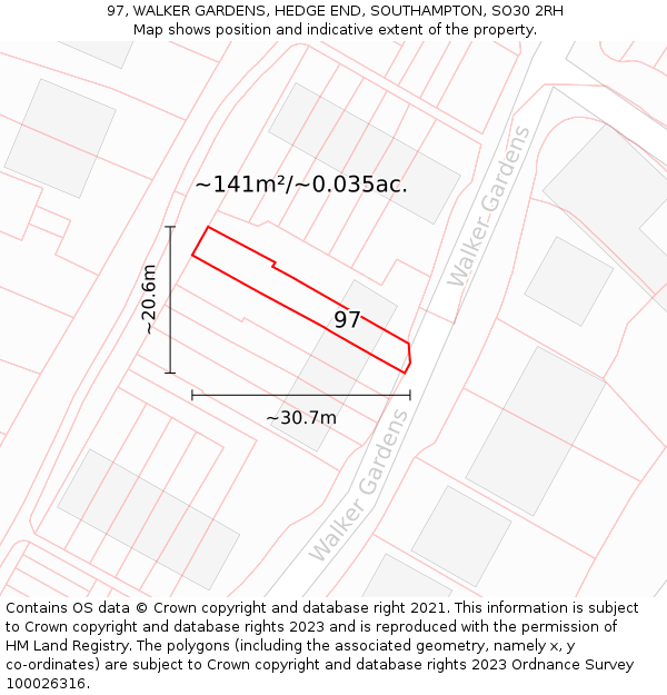 97, WALKER GARDENS, HEDGE END, SOUTHAMPTON, SO30 2RH: Plot and title map