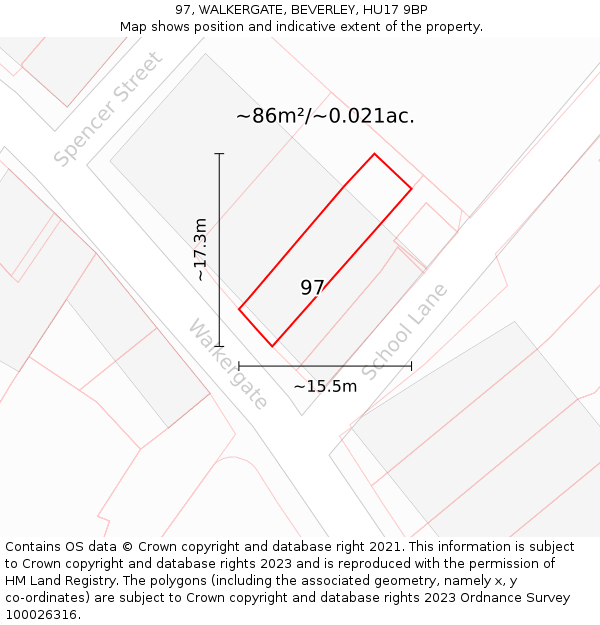 97, WALKERGATE, BEVERLEY, HU17 9BP: Plot and title map