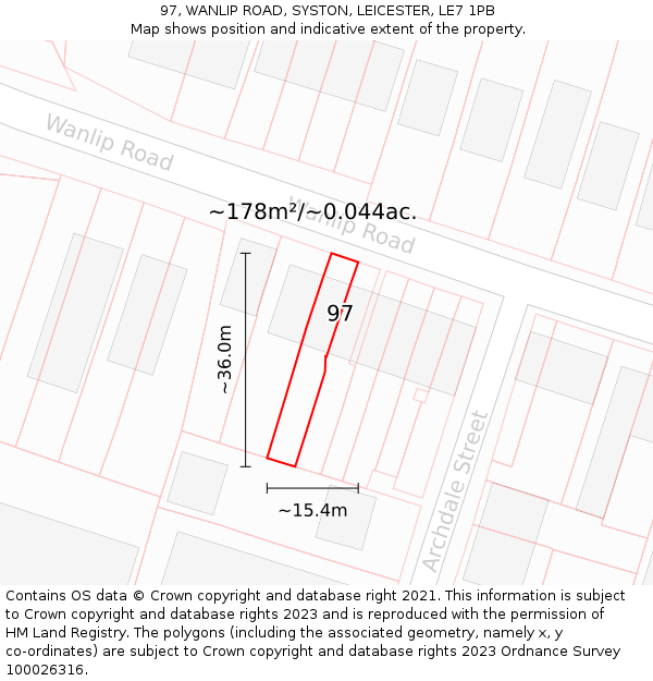 97, WANLIP ROAD, SYSTON, LEICESTER, LE7 1PB: Plot and title map
