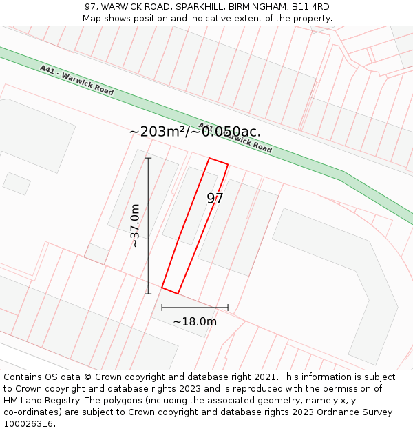 97, WARWICK ROAD, SPARKHILL, BIRMINGHAM, B11 4RD: Plot and title map