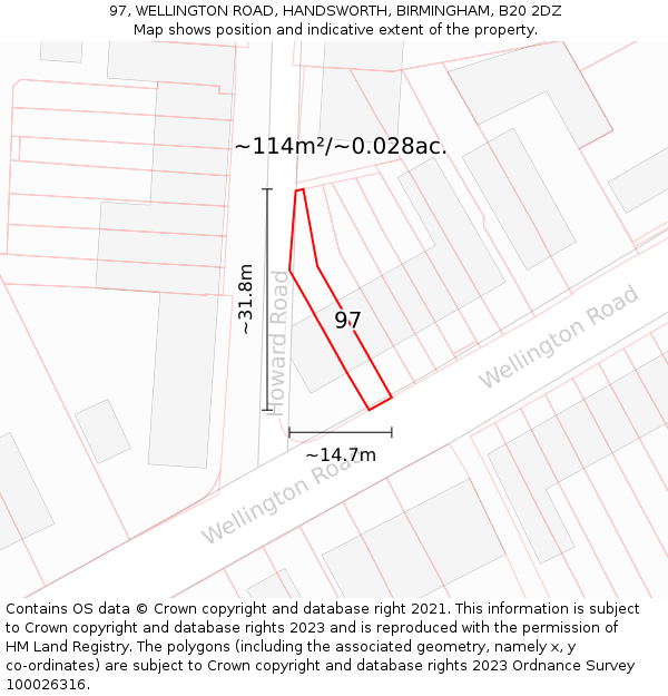 97, WELLINGTON ROAD, HANDSWORTH, BIRMINGHAM, B20 2DZ: Plot and title map