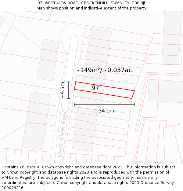 97, WEST VIEW ROAD, CROCKENHILL, SWANLEY, BR8 8JP: Plot and title map