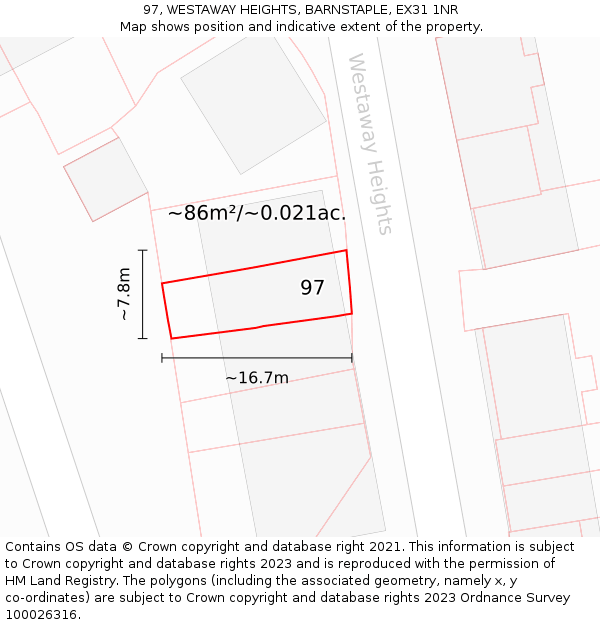 97, WESTAWAY HEIGHTS, BARNSTAPLE, EX31 1NR: Plot and title map