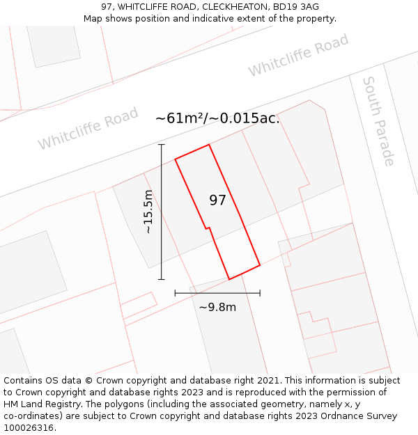 97, WHITCLIFFE ROAD, CLECKHEATON, BD19 3AG: Plot and title map