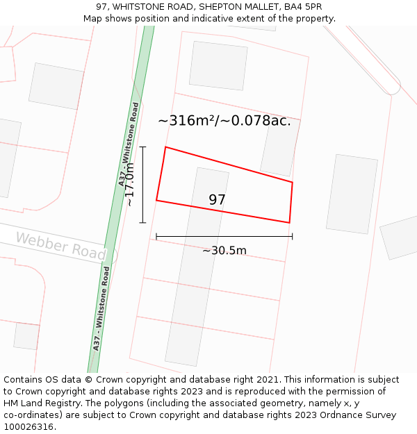 97, WHITSTONE ROAD, SHEPTON MALLET, BA4 5PR: Plot and title map