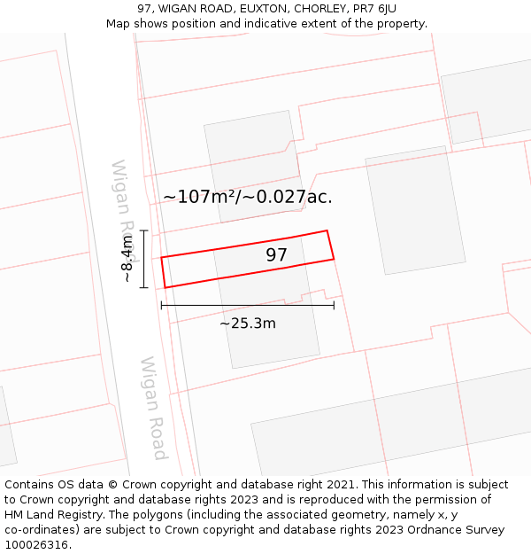 97, WIGAN ROAD, EUXTON, CHORLEY, PR7 6JU: Plot and title map