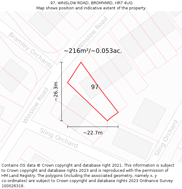 97, WINSLOW ROAD, BROMYARD, HR7 4UG: Plot and title map