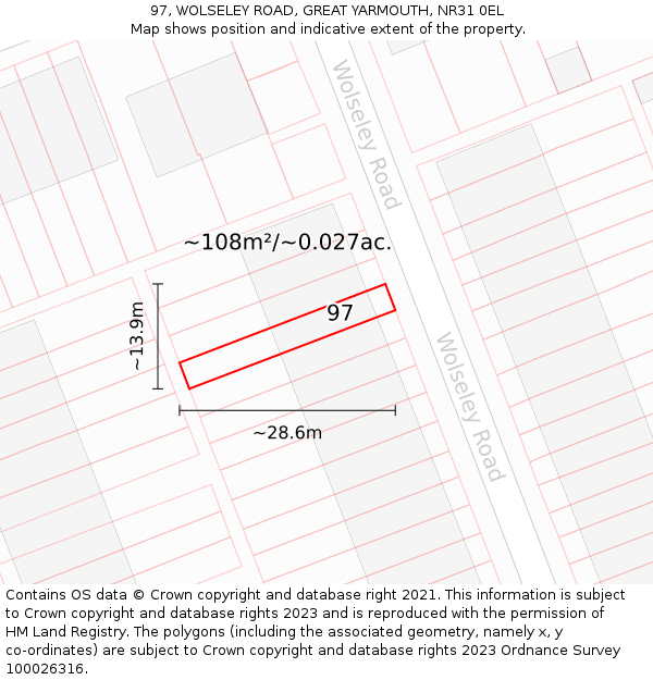 97, WOLSELEY ROAD, GREAT YARMOUTH, NR31 0EL: Plot and title map