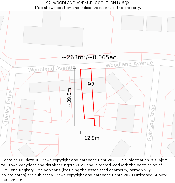 97, WOODLAND AVENUE, GOOLE, DN14 6QX: Plot and title map