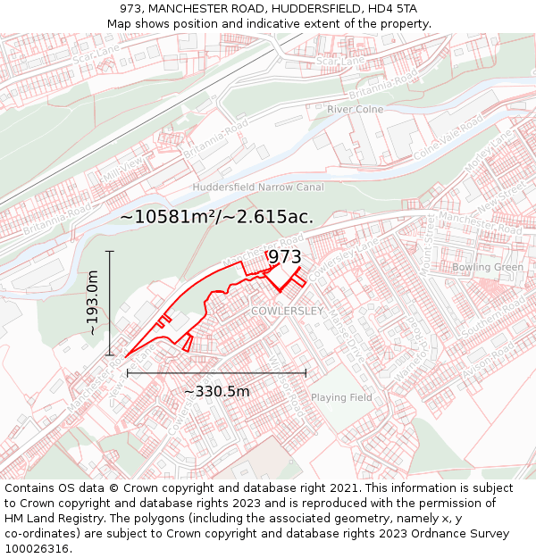 973, MANCHESTER ROAD, HUDDERSFIELD, HD4 5TA: Plot and title map