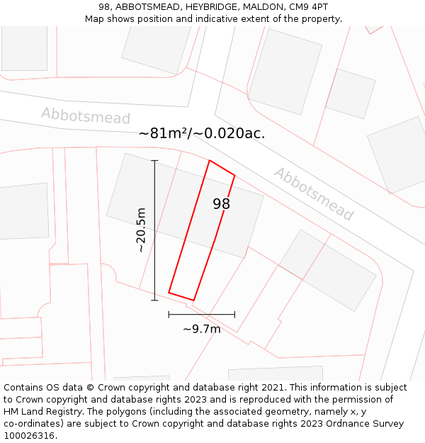 98, ABBOTSMEAD, HEYBRIDGE, MALDON, CM9 4PT: Plot and title map