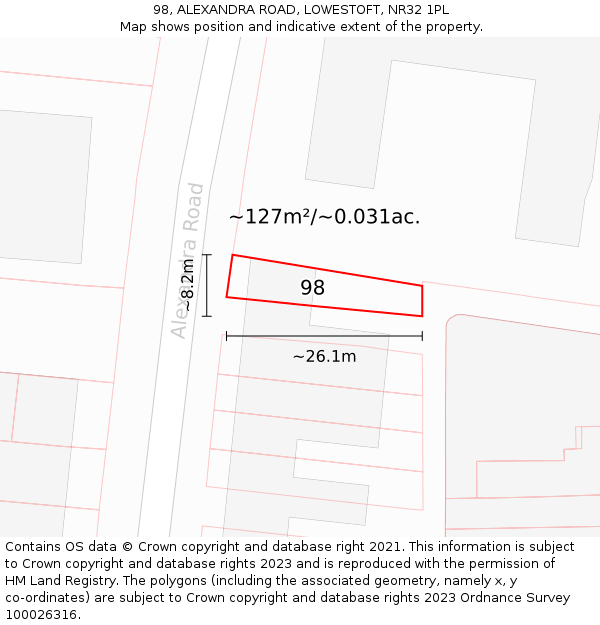 98, ALEXANDRA ROAD, LOWESTOFT, NR32 1PL: Plot and title map
