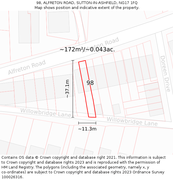 98, ALFRETON ROAD, SUTTON-IN-ASHFIELD, NG17 1FQ: Plot and title map