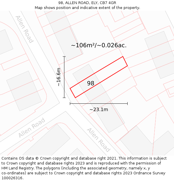 98, ALLEN ROAD, ELY, CB7 4GR: Plot and title map