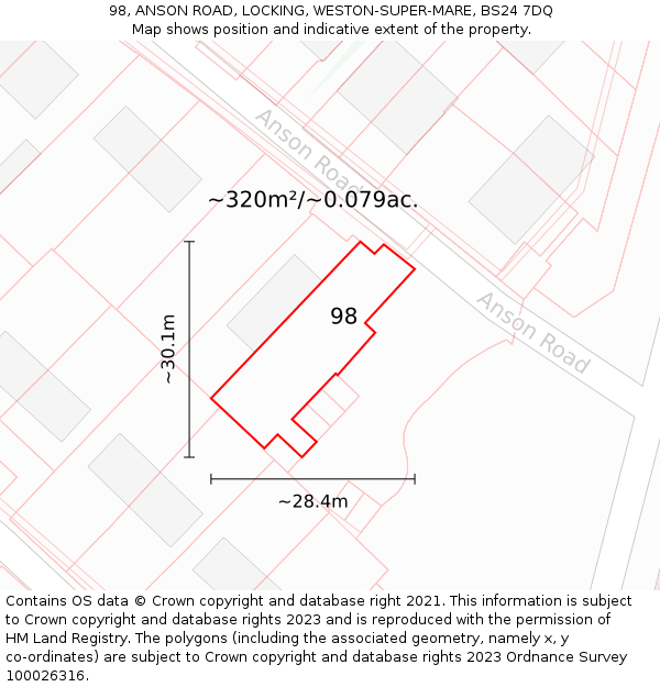 98, ANSON ROAD, LOCKING, WESTON-SUPER-MARE, BS24 7DQ: Plot and title map