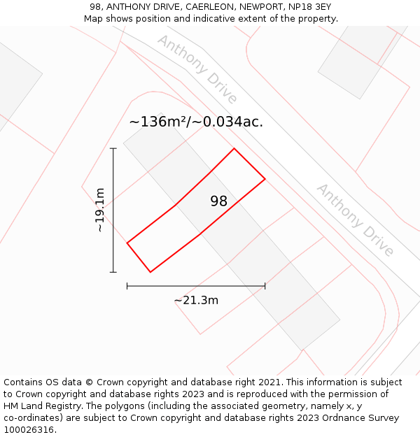98, ANTHONY DRIVE, CAERLEON, NEWPORT, NP18 3EY: Plot and title map