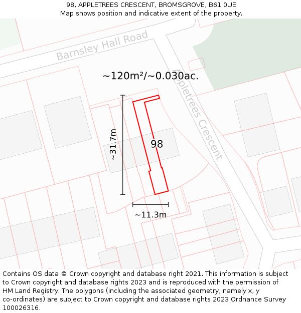 98, APPLETREES CRESCENT, BROMSGROVE, B61 0UE: Plot and title map