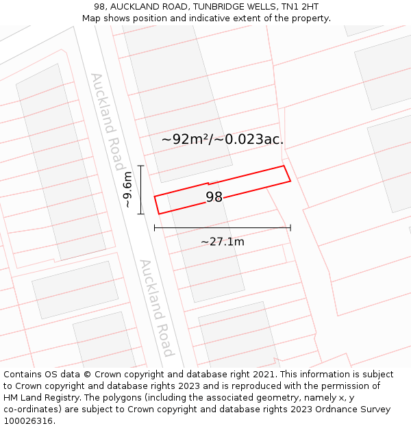 98, AUCKLAND ROAD, TUNBRIDGE WELLS, TN1 2HT: Plot and title map