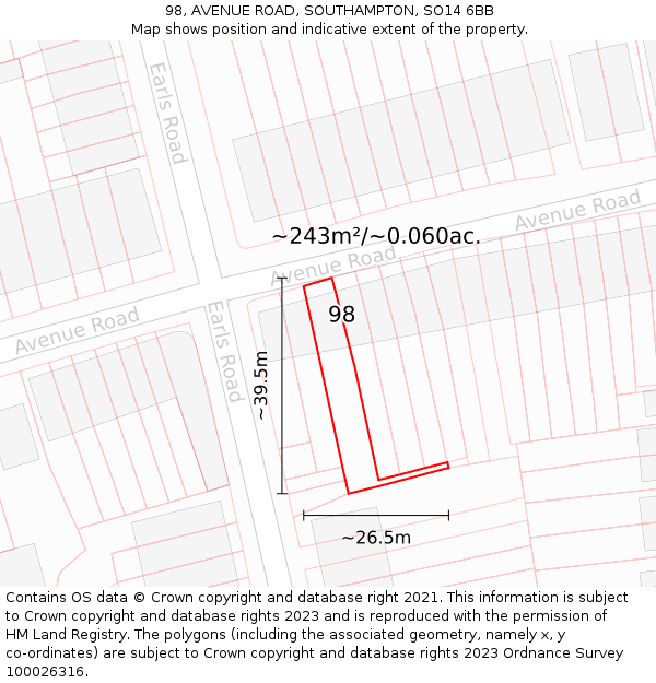 98, AVENUE ROAD, SOUTHAMPTON, SO14 6BB: Plot and title map