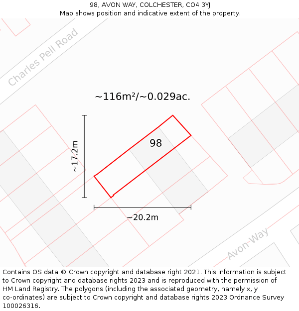 98, AVON WAY, COLCHESTER, CO4 3YJ: Plot and title map