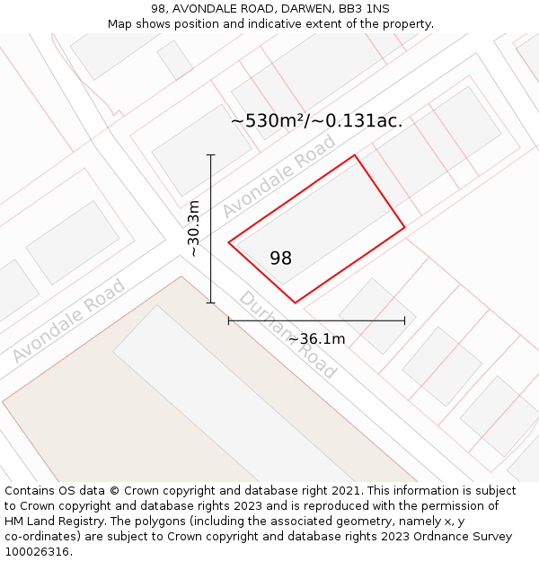 98, AVONDALE ROAD, DARWEN, BB3 1NS: Plot and title map