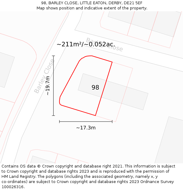 98, BARLEY CLOSE, LITTLE EATON, DERBY, DE21 5EF: Plot and title map