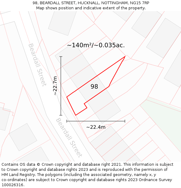 98, BEARDALL STREET, HUCKNALL, NOTTINGHAM, NG15 7RP: Plot and title map