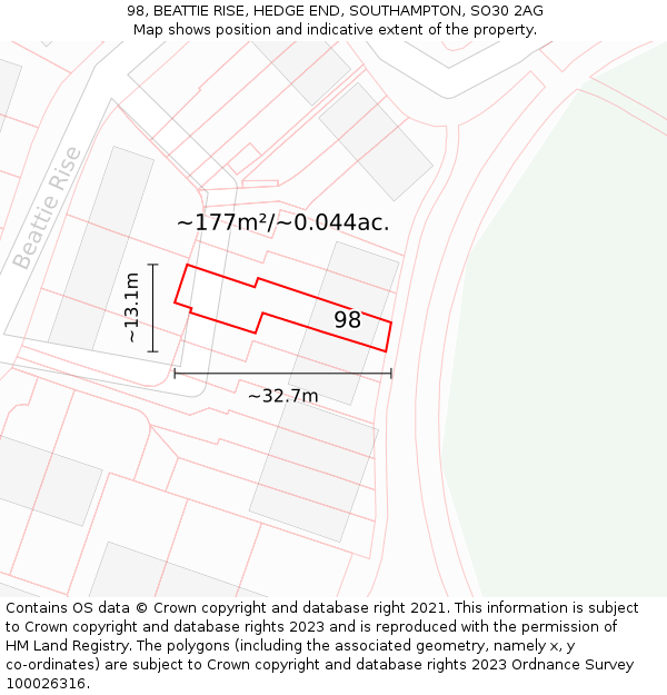98, BEATTIE RISE, HEDGE END, SOUTHAMPTON, SO30 2AG: Plot and title map