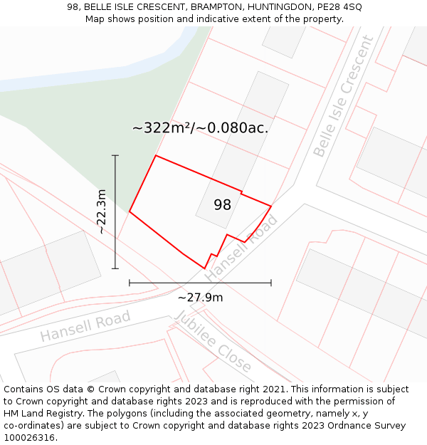 98, BELLE ISLE CRESCENT, BRAMPTON, HUNTINGDON, PE28 4SQ: Plot and title map