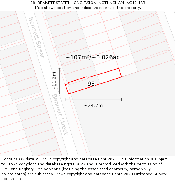 98, BENNETT STREET, LONG EATON, NOTTINGHAM, NG10 4RB: Plot and title map