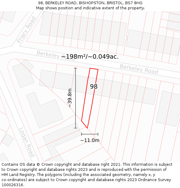 98, BERKELEY ROAD, BISHOPSTON, BRISTOL, BS7 8HG: Plot and title map