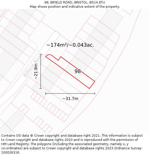 98, BIFIELD ROAD, BRISTOL, BS14 8TU: Plot and title map