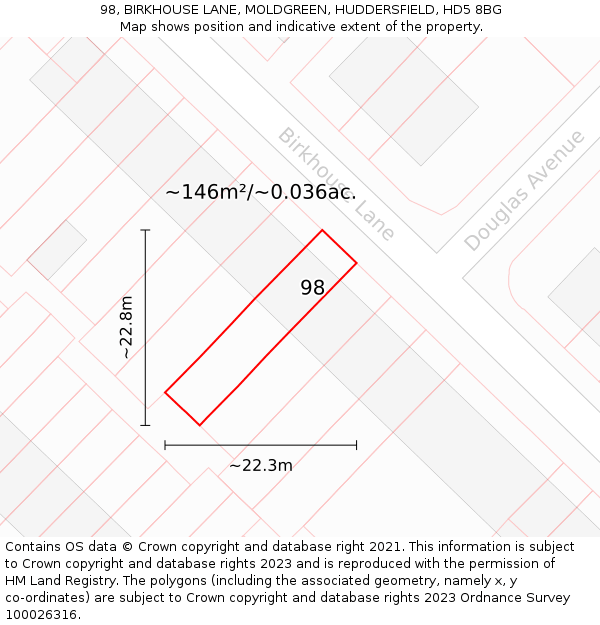 98, BIRKHOUSE LANE, MOLDGREEN, HUDDERSFIELD, HD5 8BG: Plot and title map