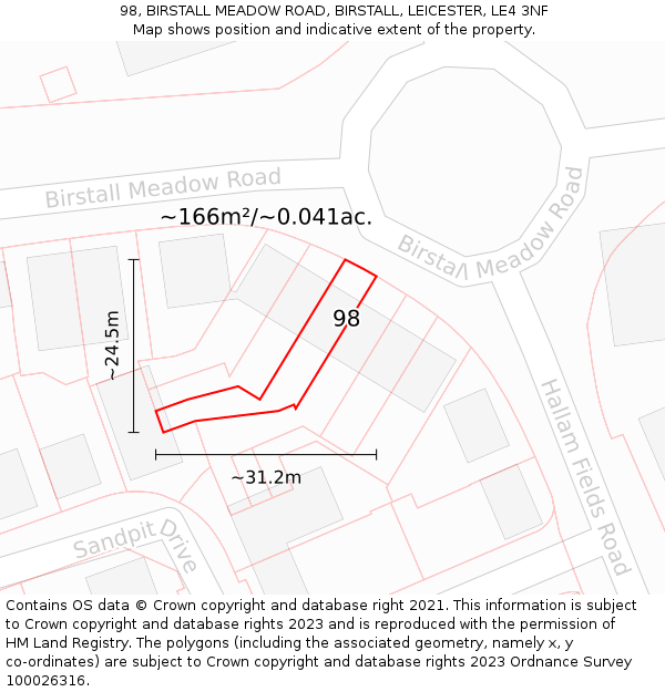 98, BIRSTALL MEADOW ROAD, BIRSTALL, LEICESTER, LE4 3NF: Plot and title map