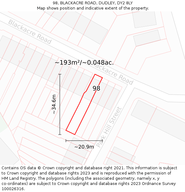 98, BLACKACRE ROAD, DUDLEY, DY2 8LY: Plot and title map