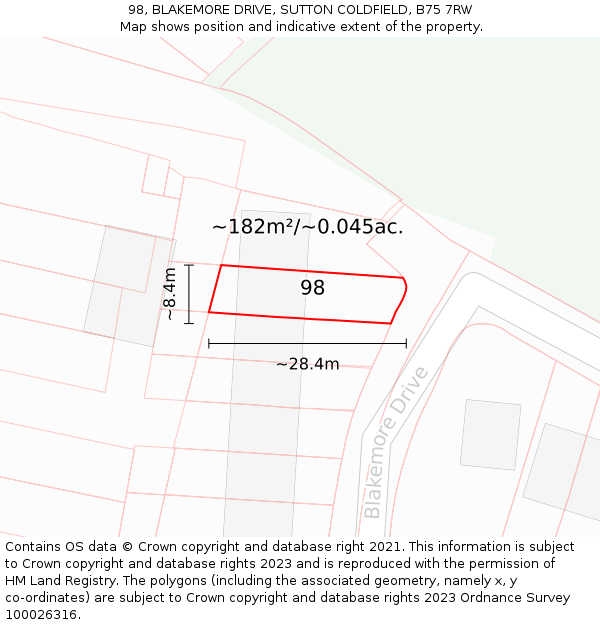 98, BLAKEMORE DRIVE, SUTTON COLDFIELD, B75 7RW: Plot and title map